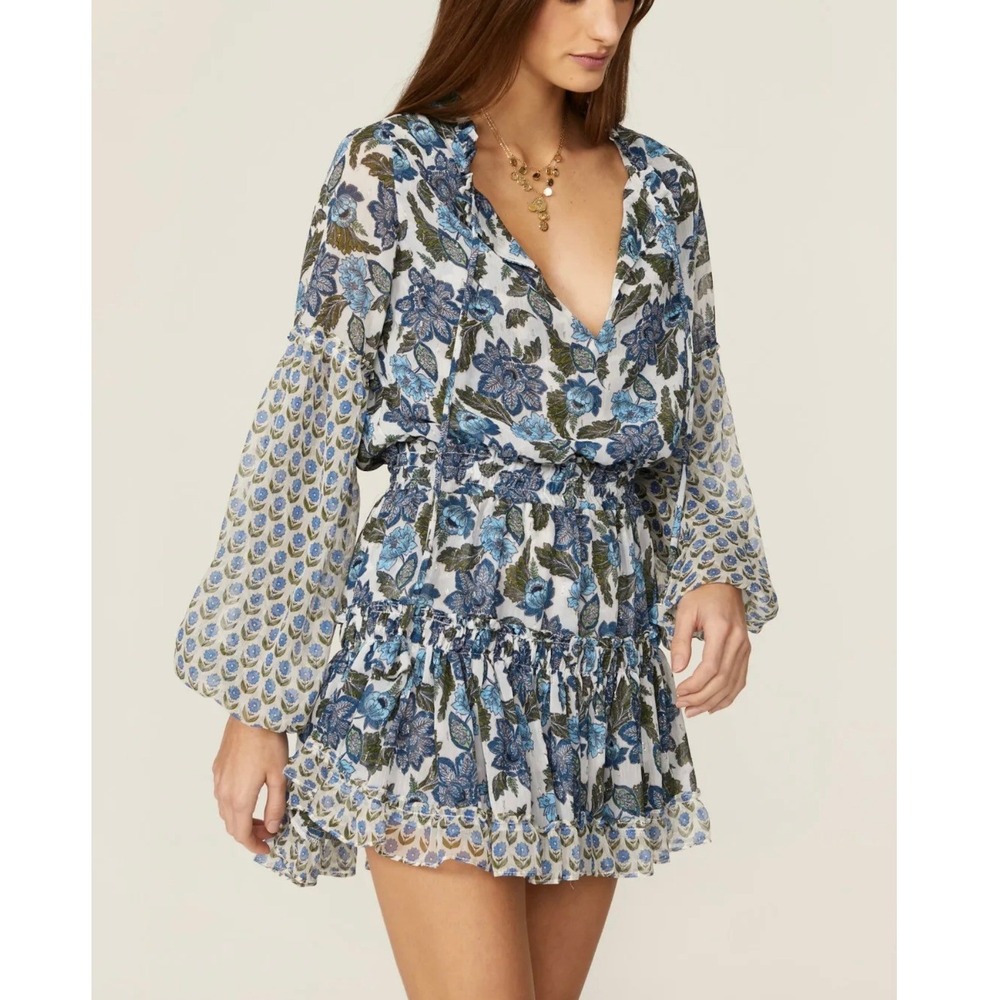 MISA Los Angeles Elisabetta Floral Ruffle Mini Dress Blue Green XS